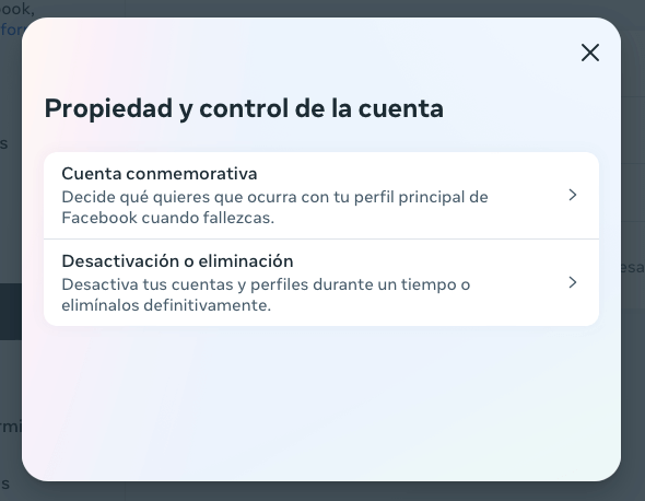 Cuenta Conmemorativa, Desactivar o Eliminar Cuenta de Facebook
